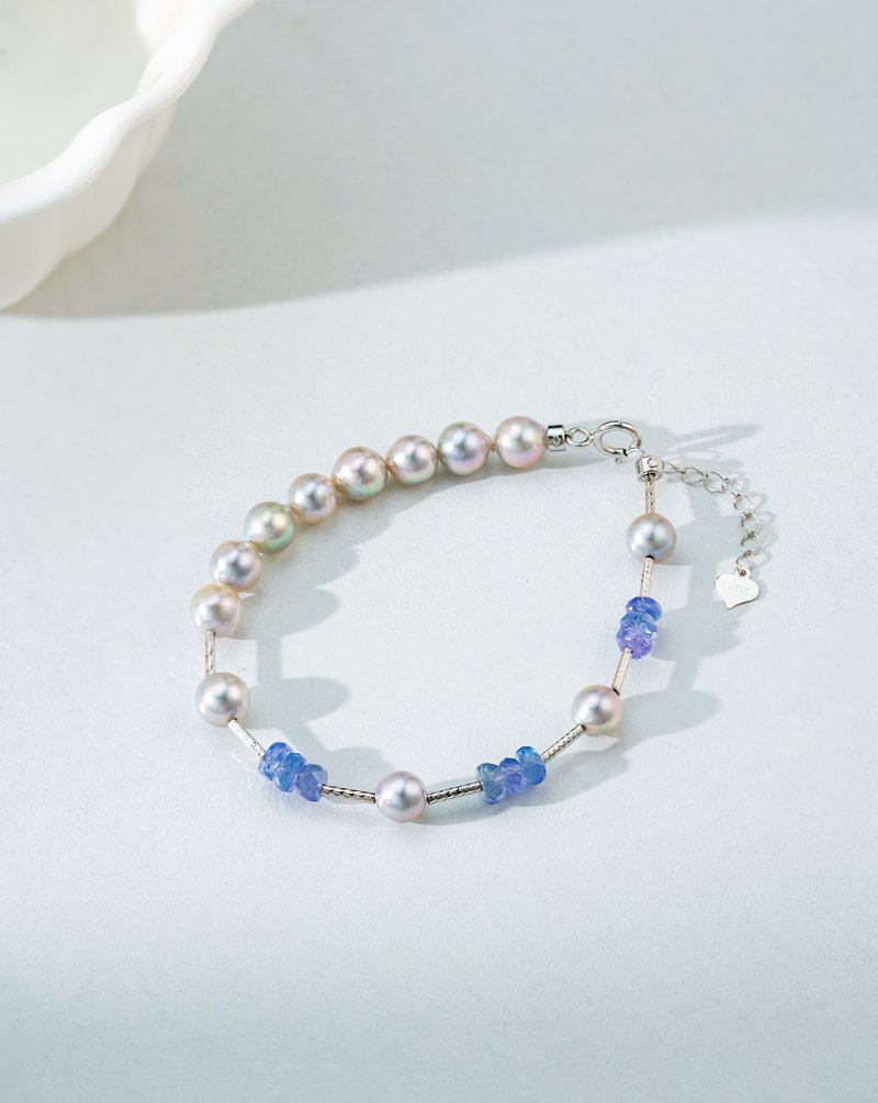 Akoya银蓝色 坦桑石 18K白金 特色手链 - 手链/手环 - 珍珠 银色