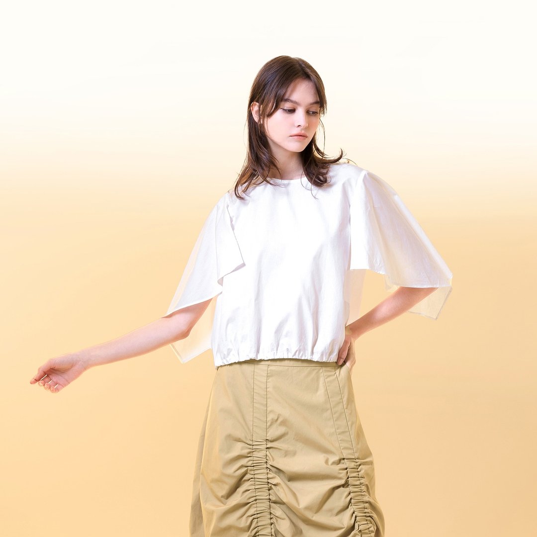 垂坠波浪落片袖上衣 - 女装上衣 - 棉．麻 白色