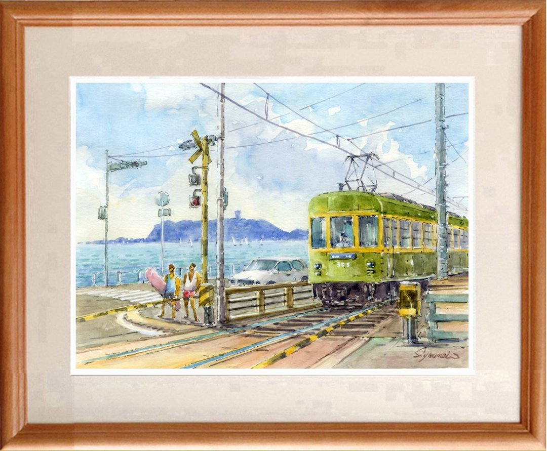 Original watercolor painting Enoden and summer pattern ・ Kamakura High School front railroad crossing - 海报/装饰画/版画 - 纸 蓝色