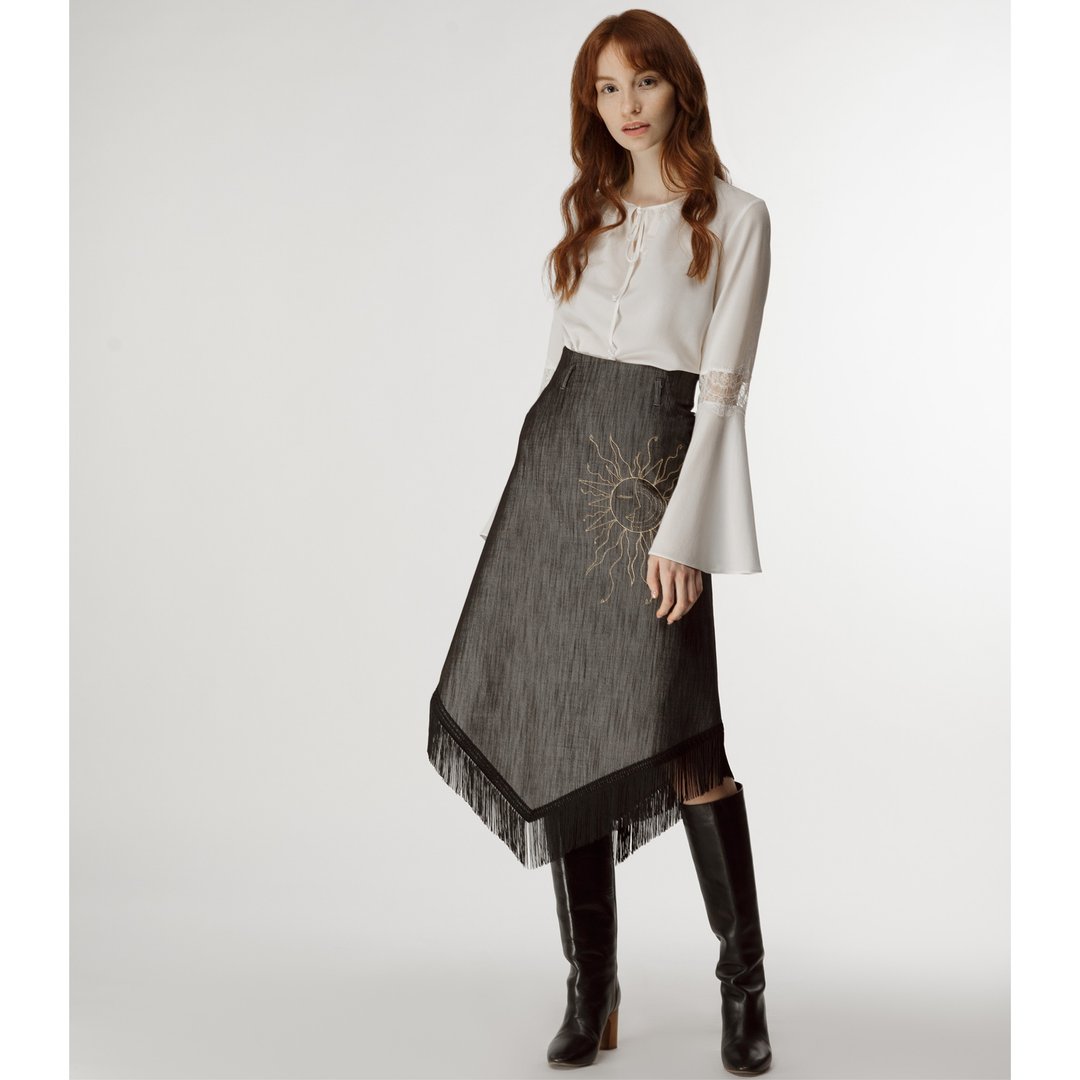 Fringed Denim Skirt With Asymmetric Hem - 裙子 - 棉．麻 黑色