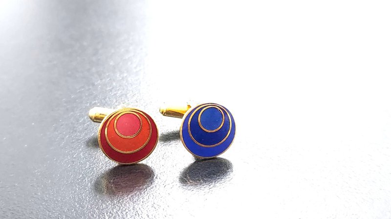 红蓝白圆形 金属老袖扣 一对 1.6cm 老品全新 功能正常 - 袖扣 - 其他金属 