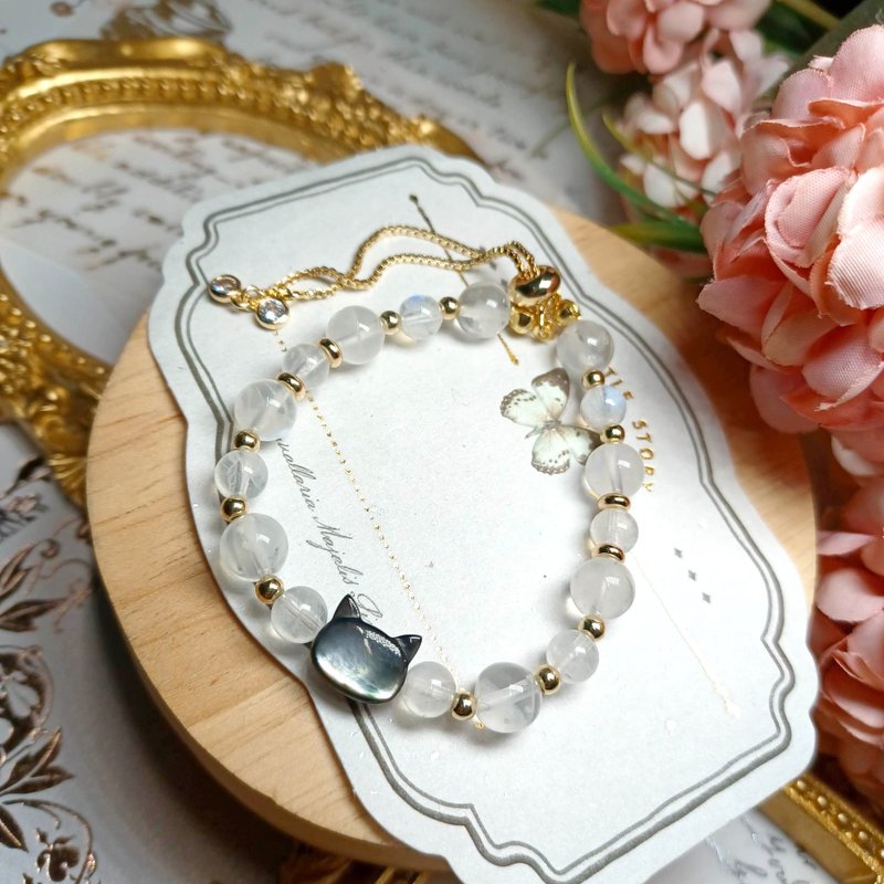 【月亮石 04】奶油月  猫咪 天然水晶手链手串 DIY手链设计 - 手链/手环 - 水晶 