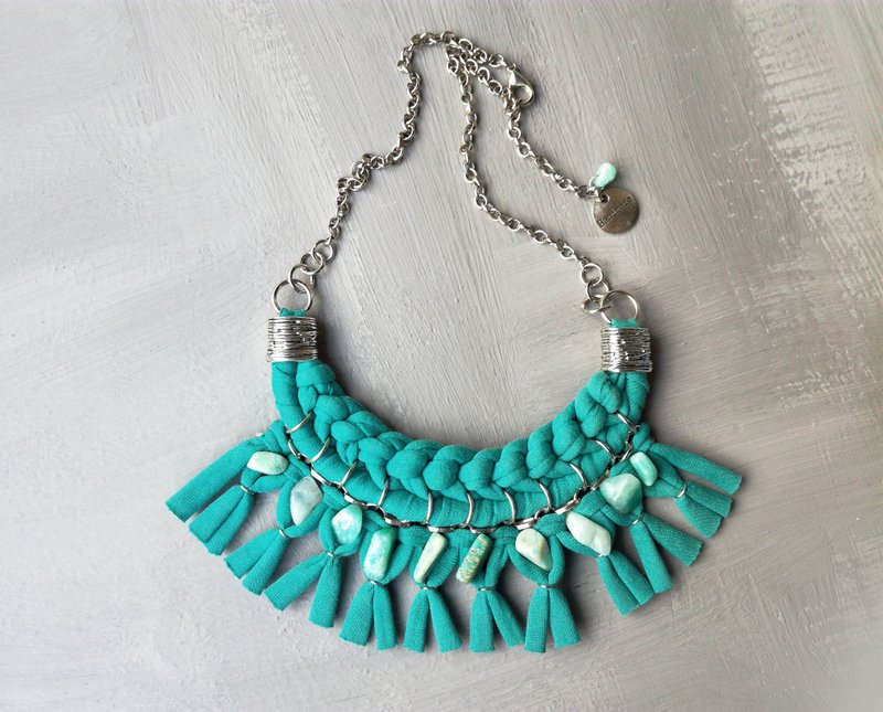 Amazonite Textile Woven Statement Necklace Sea Green - 项链 - 棉．麻 绿色