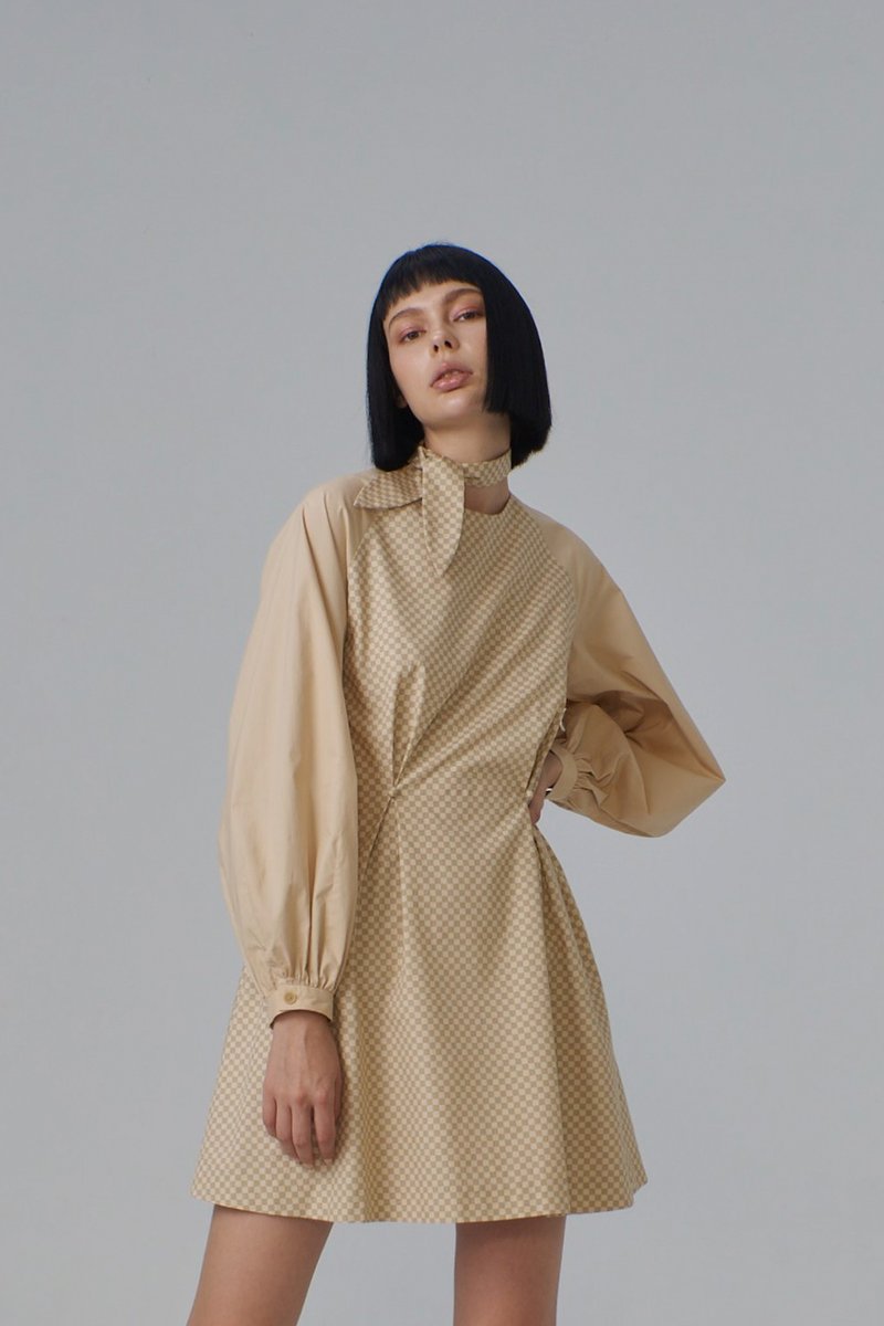 卡其格子拼接短洋装 - 洋装/连衣裙 - 棉．麻 卡其色