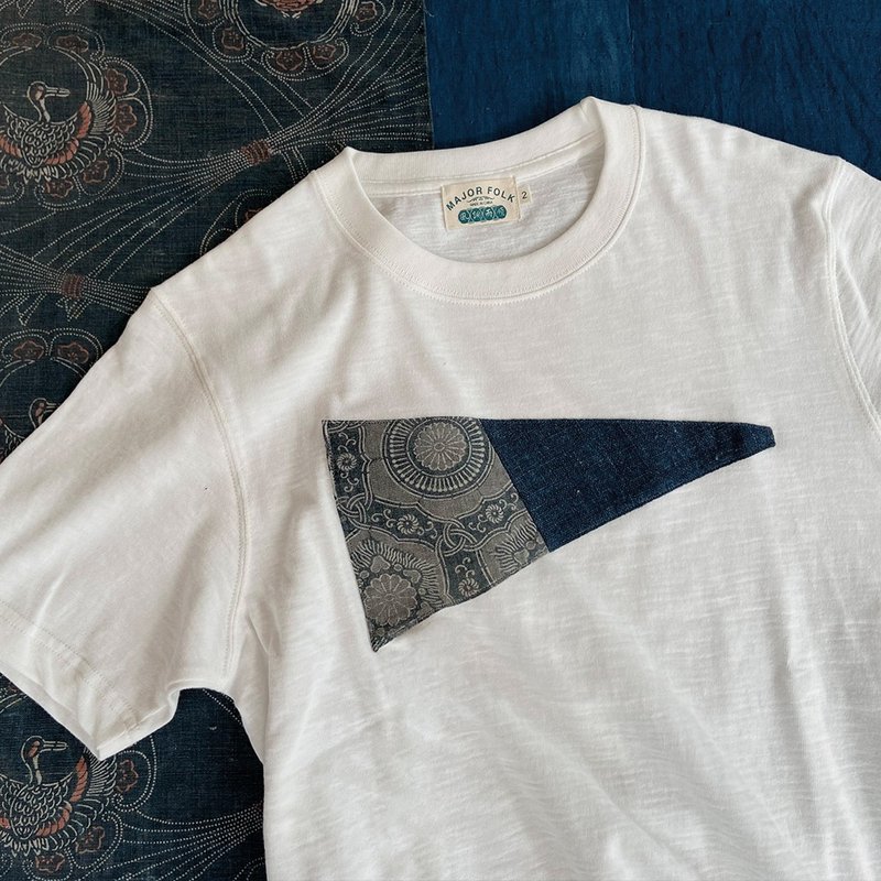 Major Folk│日本蓝染古布拼布 复古三角旗帜短袖竹节TEE恤 - 男装上衣/T 恤 - 棉．麻 白色