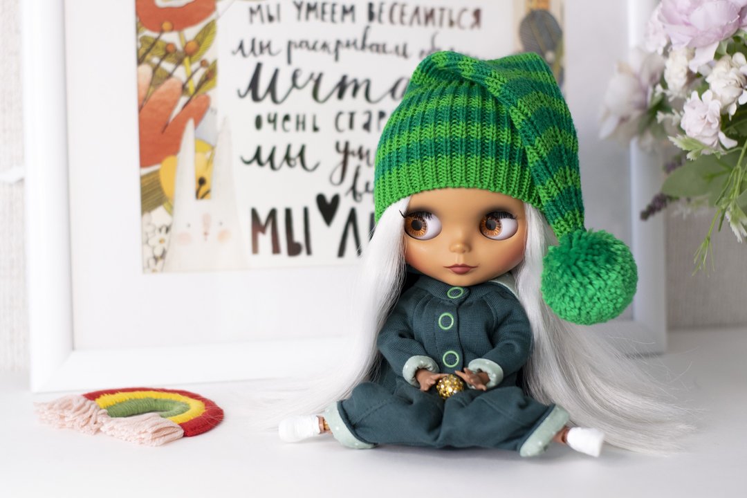 Green striped hat for Blythe, Pullip doll, knitted cap with pompom, BJD, 娃娃针织衣服 - 玩偶/公仔 - 羊毛 绿色