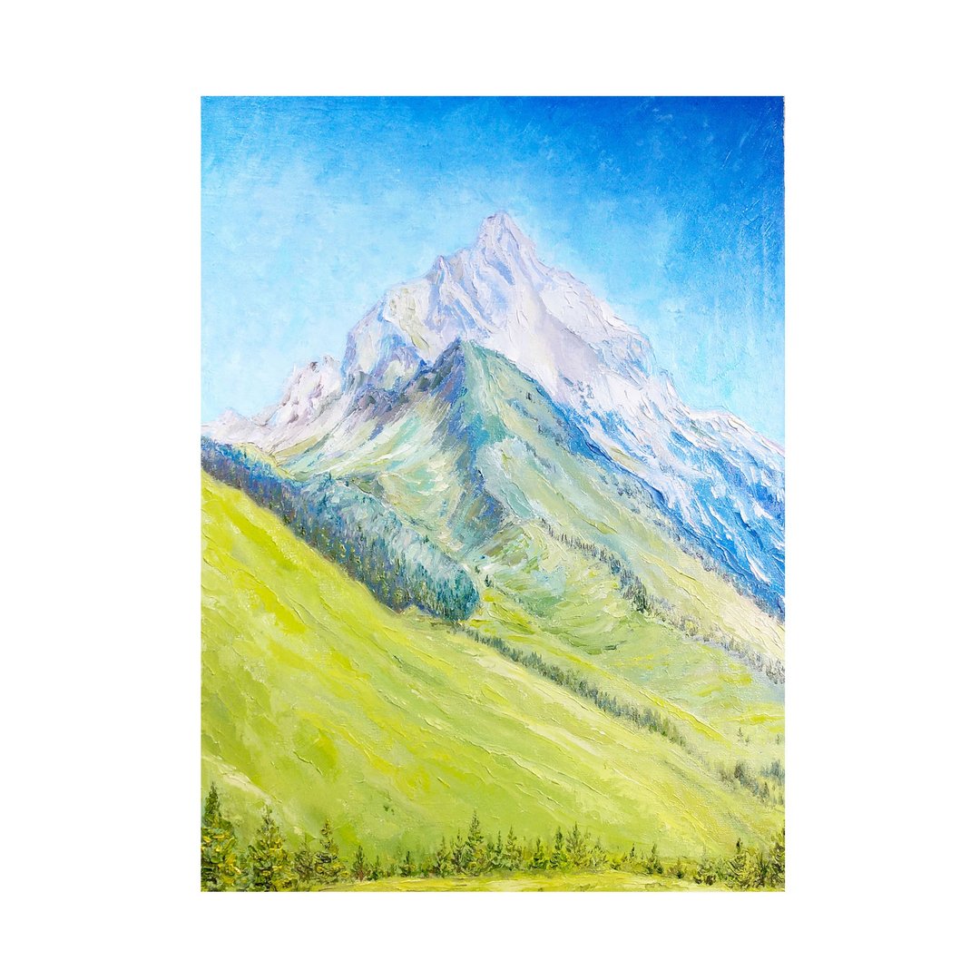 山脉风景油 。阿尔卑斯山画布 山脉原创艺术 - 墙贴/壁贴 - 其他材质 蓝色