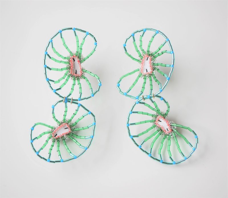 tsububu / 珠绣 / 植物 /耳针/耳夹/ 绿色 - 耳环/耳夹 - 绣线 绿色