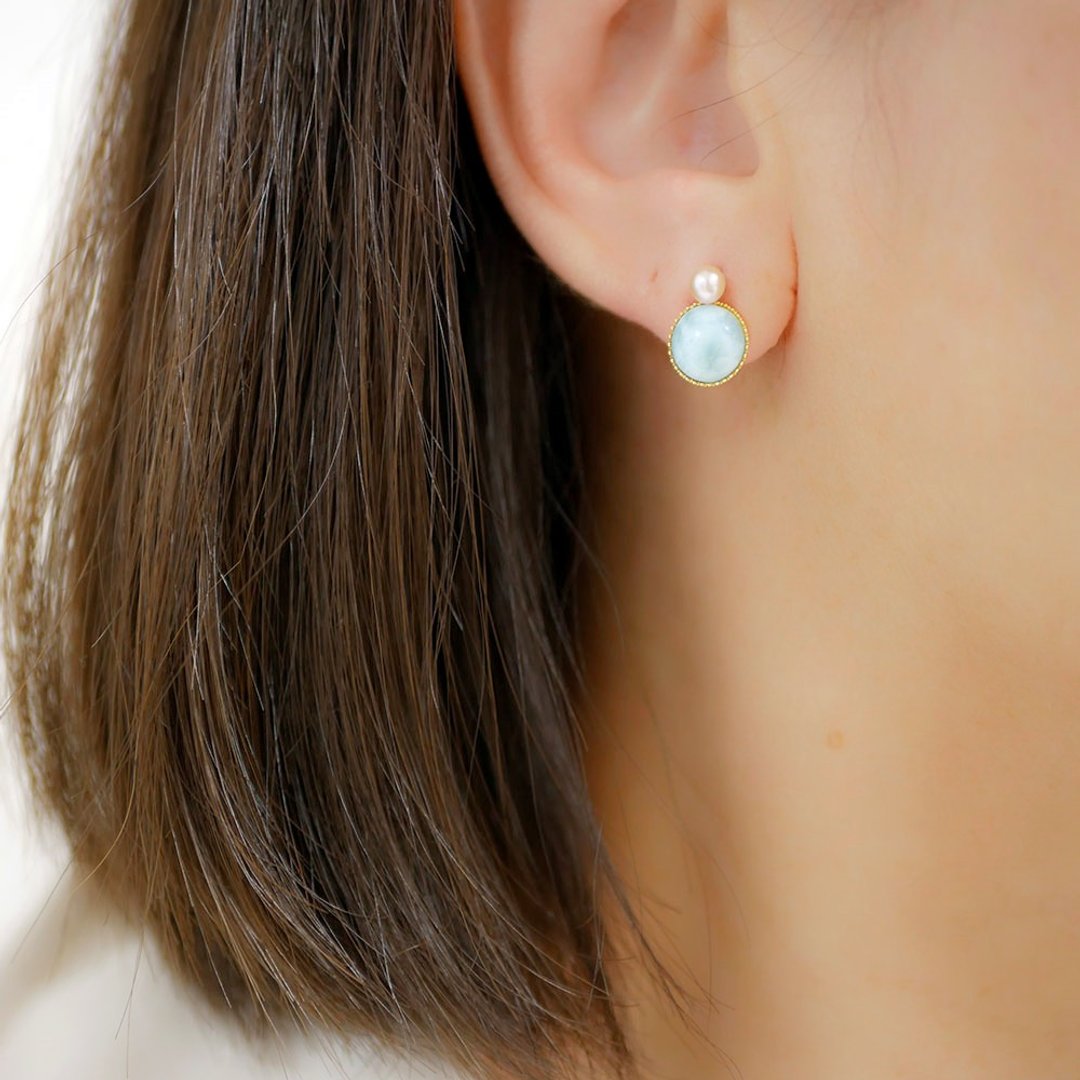 Symbolizing love and peace Pearl and Larimar 2way earrings Earrings - 耳环/耳夹 - 宝石 蓝色