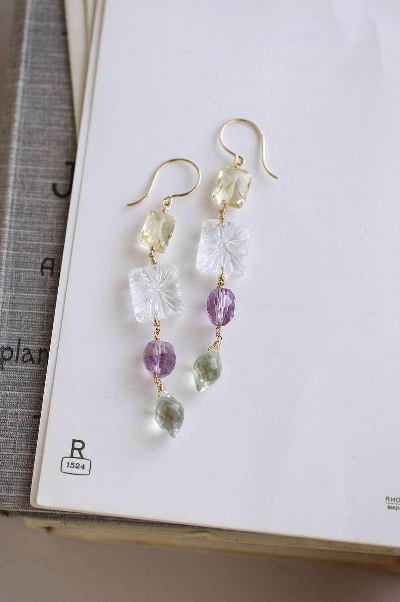 14kgf 雕刻宝石与瑞色耳环 - 耳环/耳夹 - 半宝石 透明