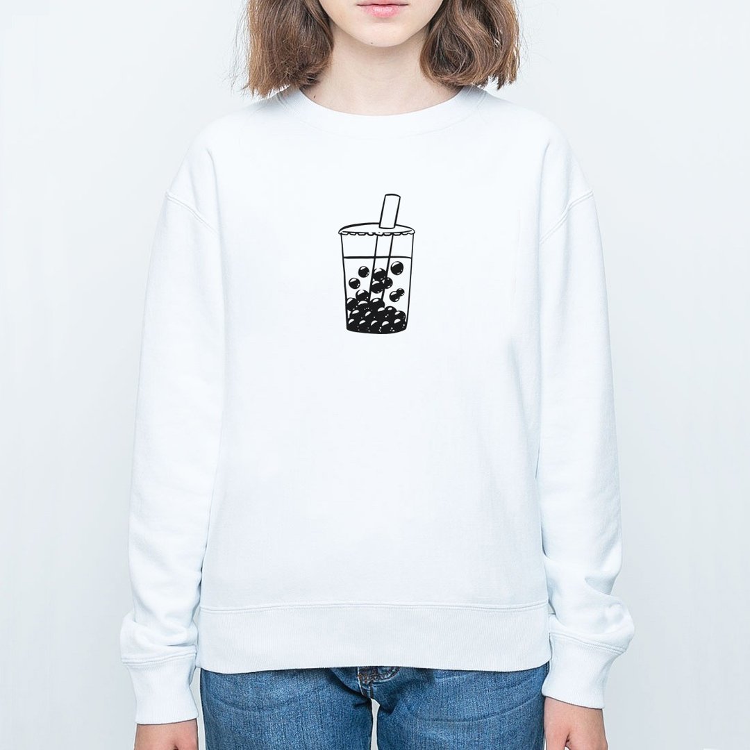Bubble Tea 大学T 刷毛 中性 白色 男女装珍珠奶茶饮料清新秋冬 - 女装上衣 - 棉 白色