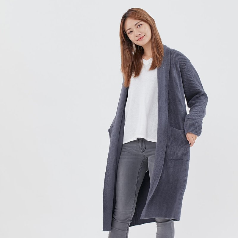 Ula長版翻领针织外套/铁灰 - 女装休闲/机能外套 - 其他人造纤维 蓝色