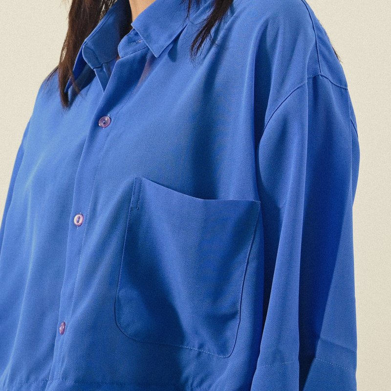 【NaSuBi Vintage】纱质面料纯色短版古着衬衫 - 女装衬衫 - 其他人造纤维 蓝色