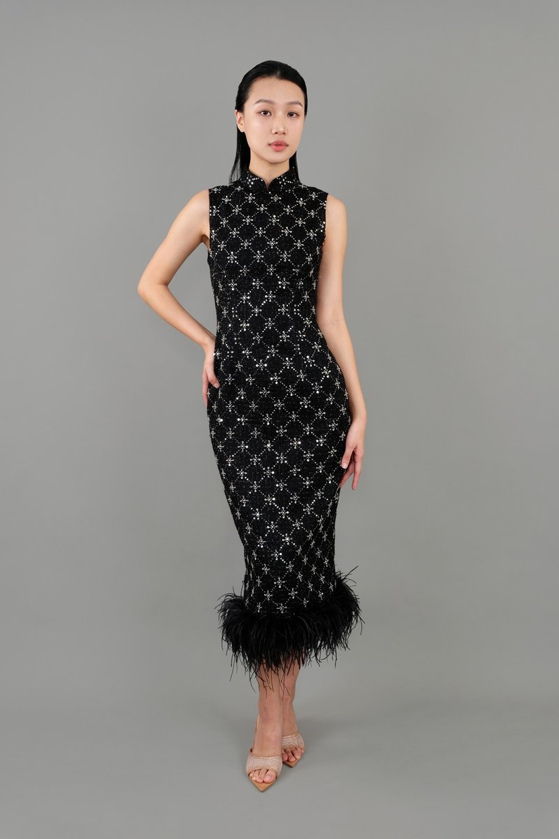 勿忘我丝绒短袖改良旗袍 (酒红色) |晚装|晚礼服|香港设计|气质| - 旗袍 - 其他材质 黑色