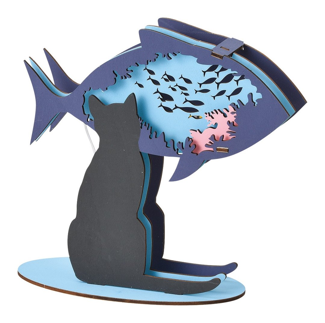 SETO CRAFT 3D 木制 DIY 猫形氛围小夜灯 - 猫与鱼 - 灯具/灯饰 - 木头 