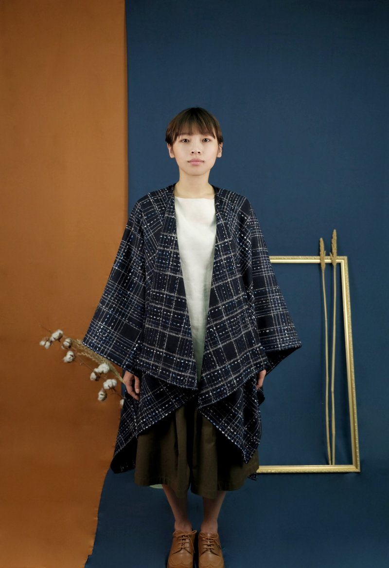 旅人毛料披风 深蓝金葱格纹 -现货 1- - 女装休闲/机能外套 - 羊毛 多色