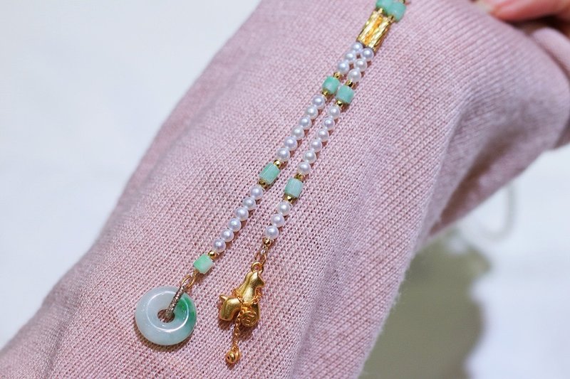 天然淡水珍珠项链毛衣链搭配A货翡翠平安扣马上有钱吊坠 平安喜乐 - 手链/手环 - 玉石 