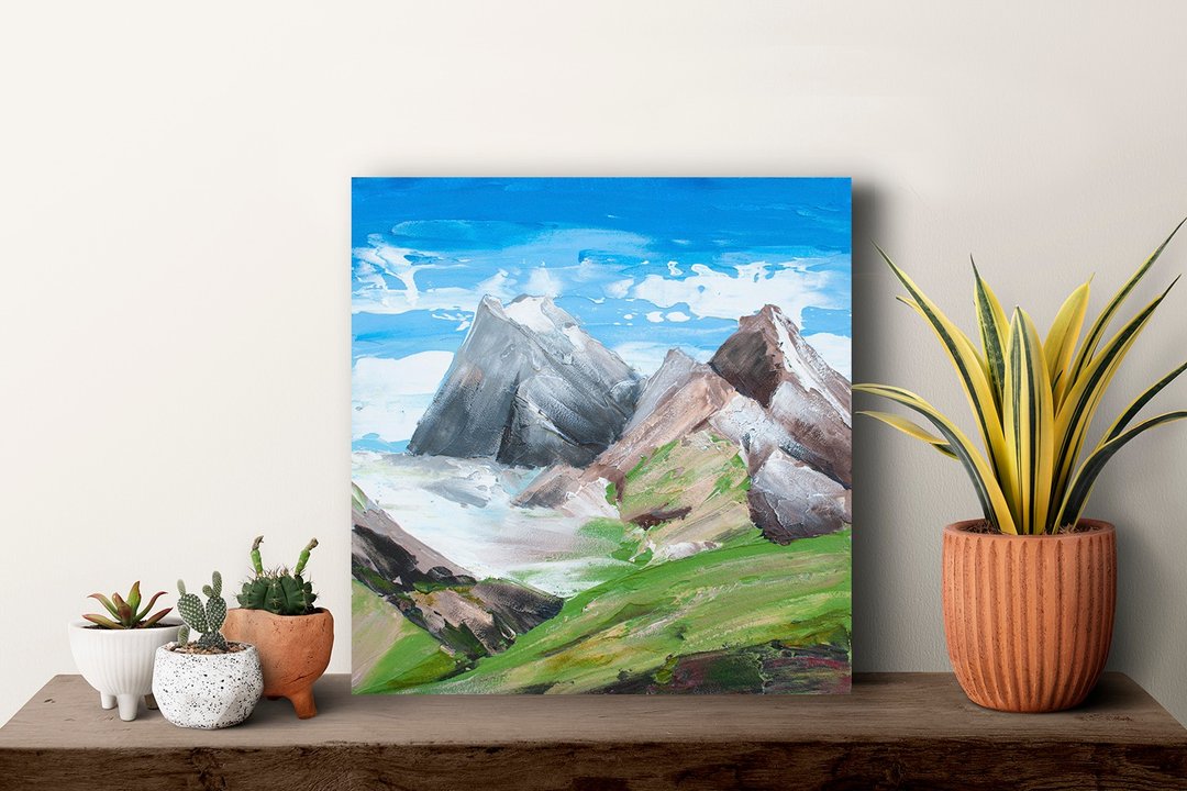 抽象原始山画，蓝色，绿色，棕，白色 - 墙贴/壁贴 - 压克力 多色