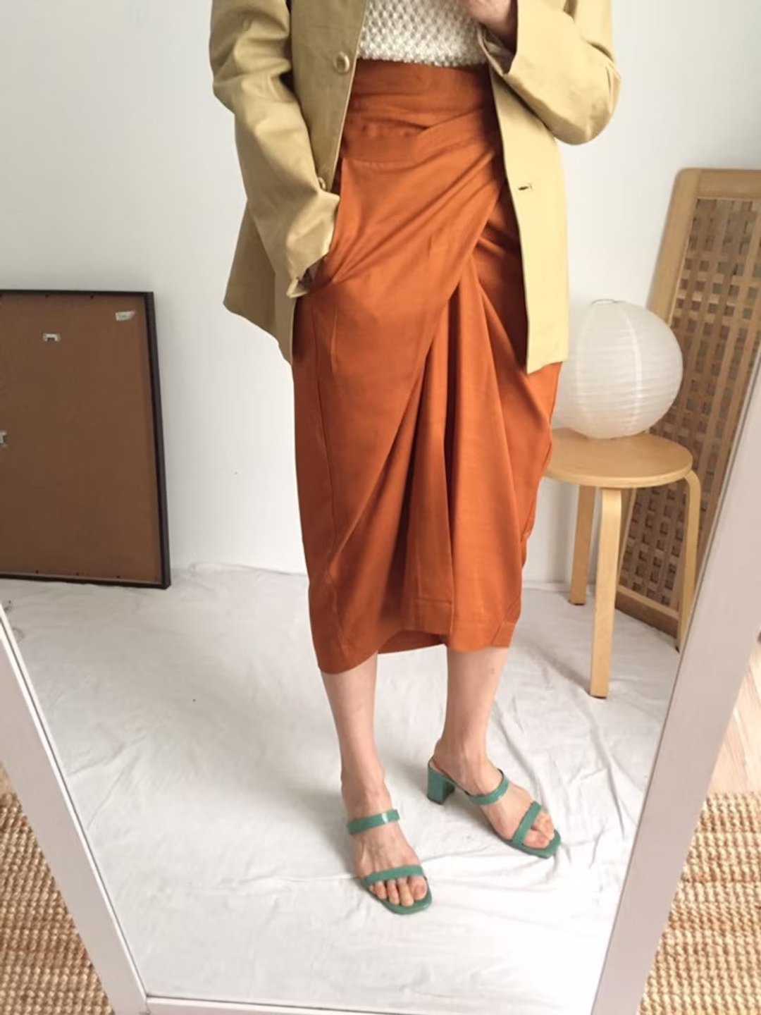 南瓜橘亚麻裹式绑带中长裙 限量法国亚麻布 - 裙子 - 棉 