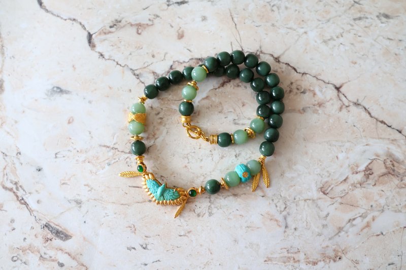 Journal-鹰羽(和田玉)祖母绿色碧玉猫眼瓷蓝x蓝松石鹰999足金手串 - 项链 - 宝石 