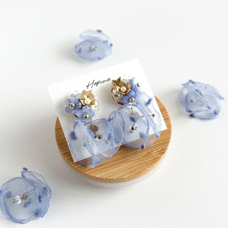 Bloom Veil (Blue): earring耳夹 / pierce耳钉 - 耳环/耳夹 - 铜/黄铜 橘色