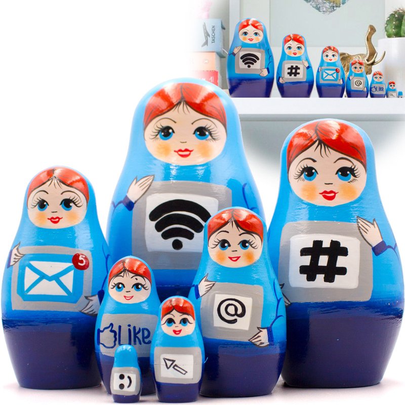 Blue Nesting Dolls Set 7 pcs - Unusual Matryoshka Dolls - Handmade Russian Dolls - 玩具/玩偶 - 木头 蓝色