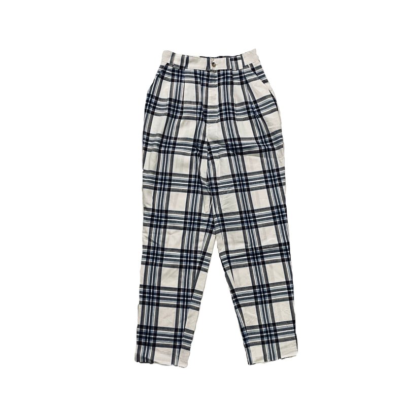 • 爱头牌 •Vintage Japan Plaid Pants 古着日本格纹裤 - 女装长裤 - 棉．麻 白色