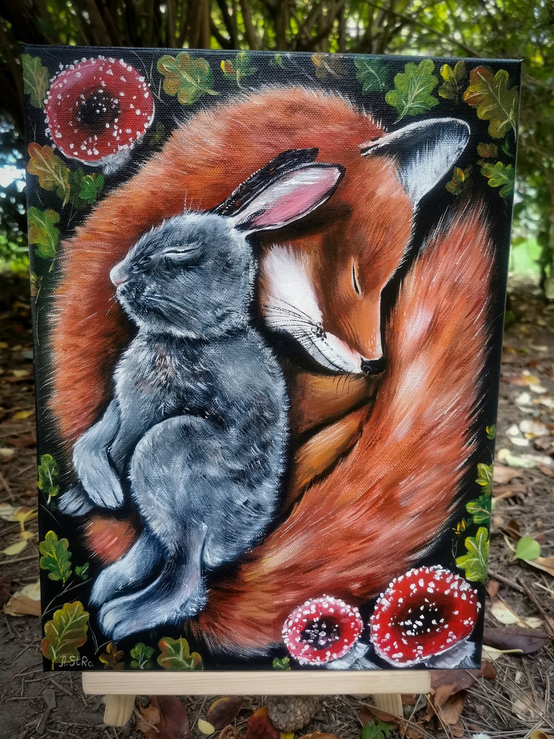 画布上的狐狸和兔子原画 狐狸墙艺术 森林艺术 野生动物 - 墙贴/壁贴 - 棉 多色