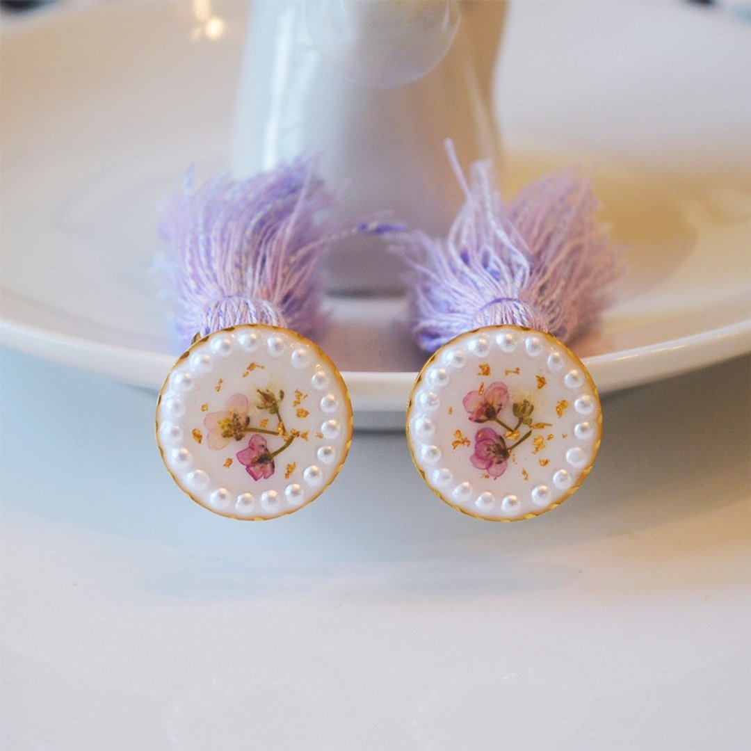 【茜作】干燥花手工定制耳环 吊坠 耳夹 耳针 【芋泥波波】可两戴 - 耳环/耳夹 - 植物．花 紫色