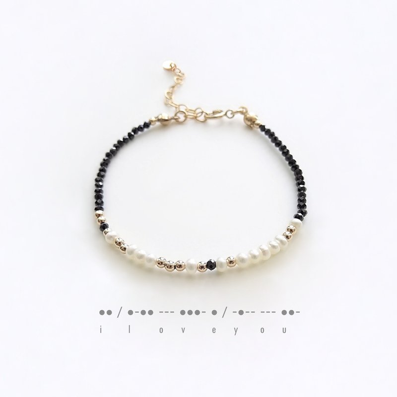 定制礼物 | 迷你黑尖晶石 淡水珍珠 14K GF 包金 摩斯密码手链 - 手链/手环 - 半宝石 黑色