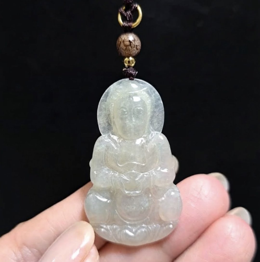 冰种翡翠观音菩萨项链 | 天然缅甸玉翡翠A货 | 送礼 - 项链 - 玉石 绿色