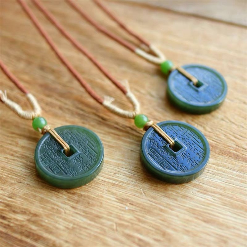 【花钱】和田玉青玉平安扣吊坠/山鬼花钱黑塔青玉石玉坠挂件玉佩 - 项链 - 玉石 绿色