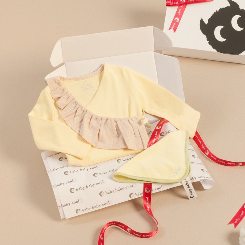 定制化姓名 弥月礼盒 新生儿礼物 全开绑带荷叶包屁衣 日本有机棉 - 包屁衣/连体衣 - 棉．麻 黄色