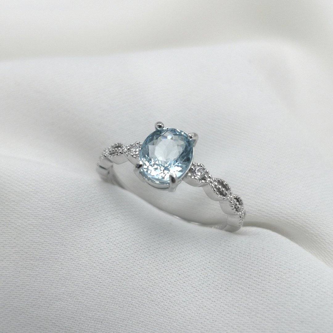 海水蓝宝Aquamarine 晶体透彻 光泽闪耀 质感 气质 轻珠宝 - 戒指 - 纯银 蓝色