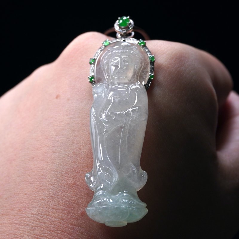 冰种翡翠宝瓶观音菩萨项链 18K金钻石 | 天然缅甸玉翡翠A货| 送礼 - 项链 - 玉石 白色