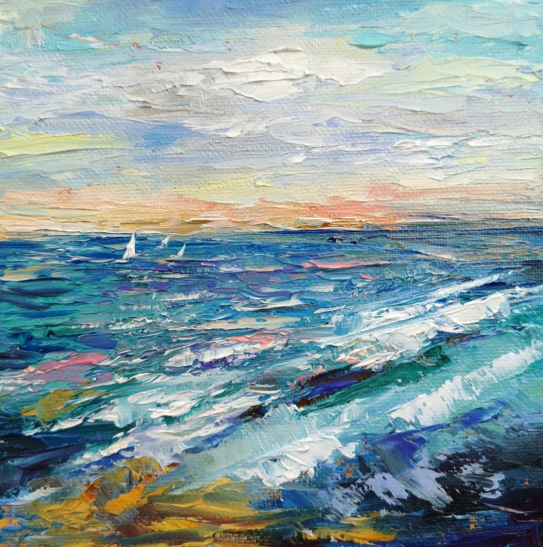 Seascape Painting  Abstract Original Art on Canvas 15x15 cm. - 海报/装饰画/版画 - 棉 