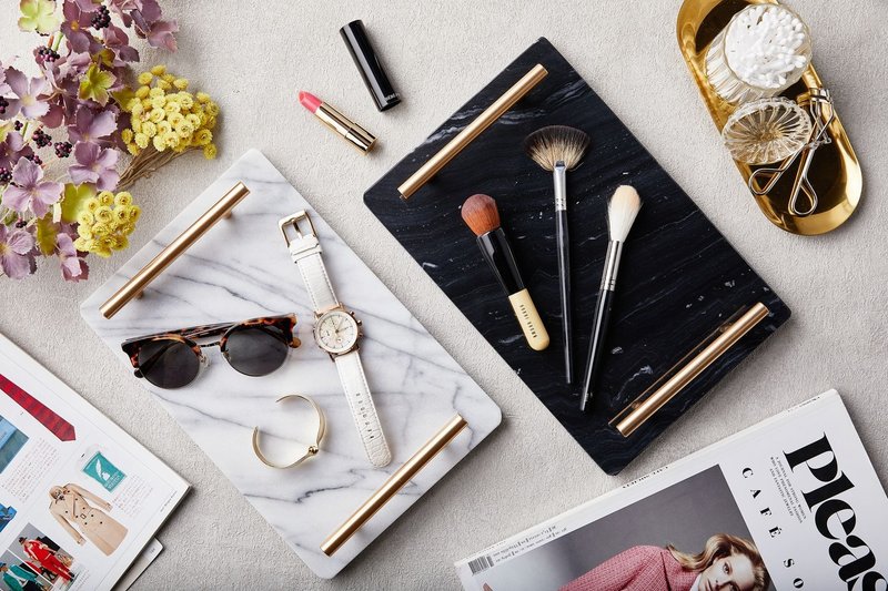 古铜金手把长方端盘/蛋糕甜点盛盘/饰品收纳/摄影道具 - 托盘/砧板 - 石头 白色