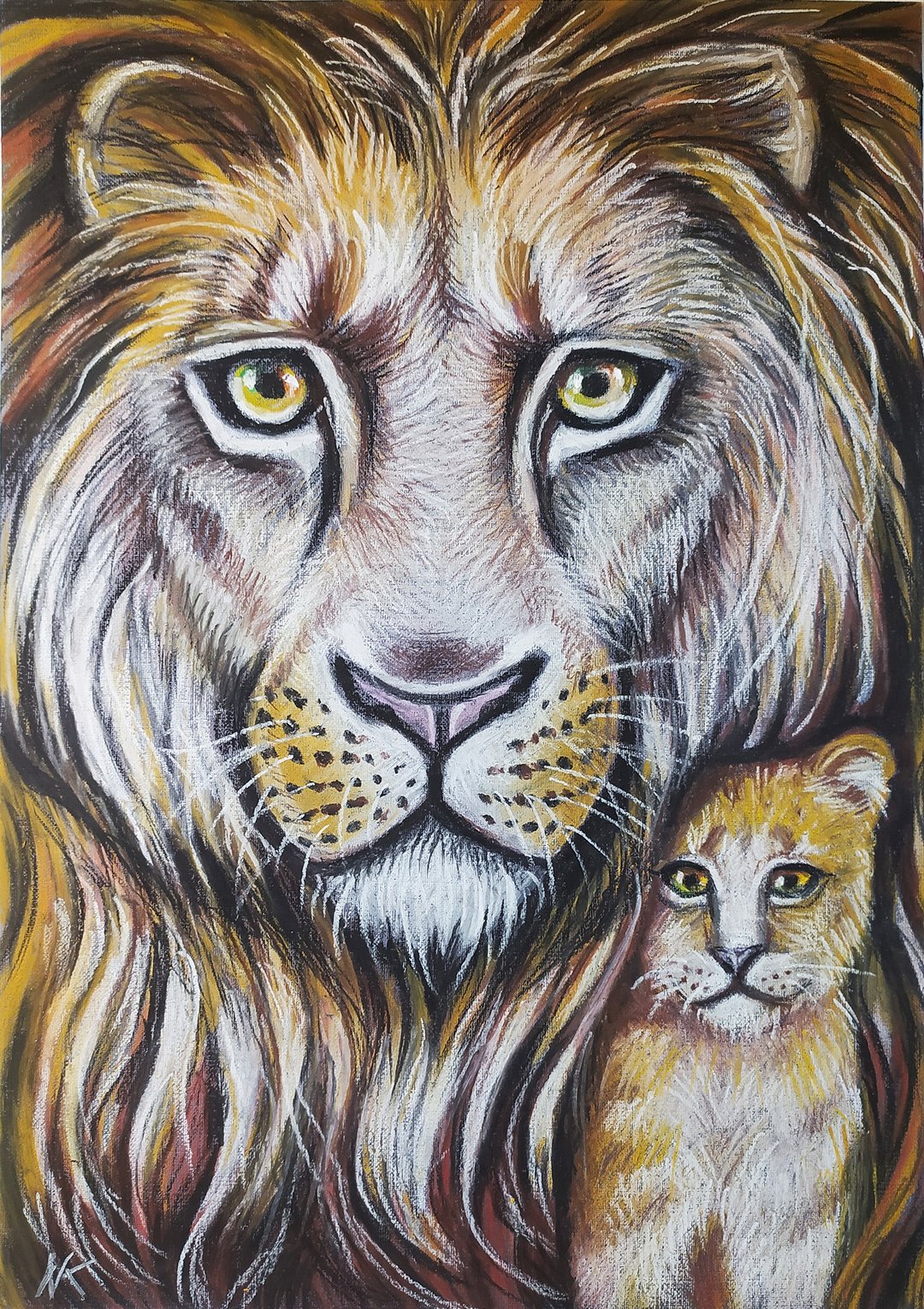 狮子肖像和幼崽油画原作动物原画艺术品 - 墙贴/壁贴 - 纸 咖啡色