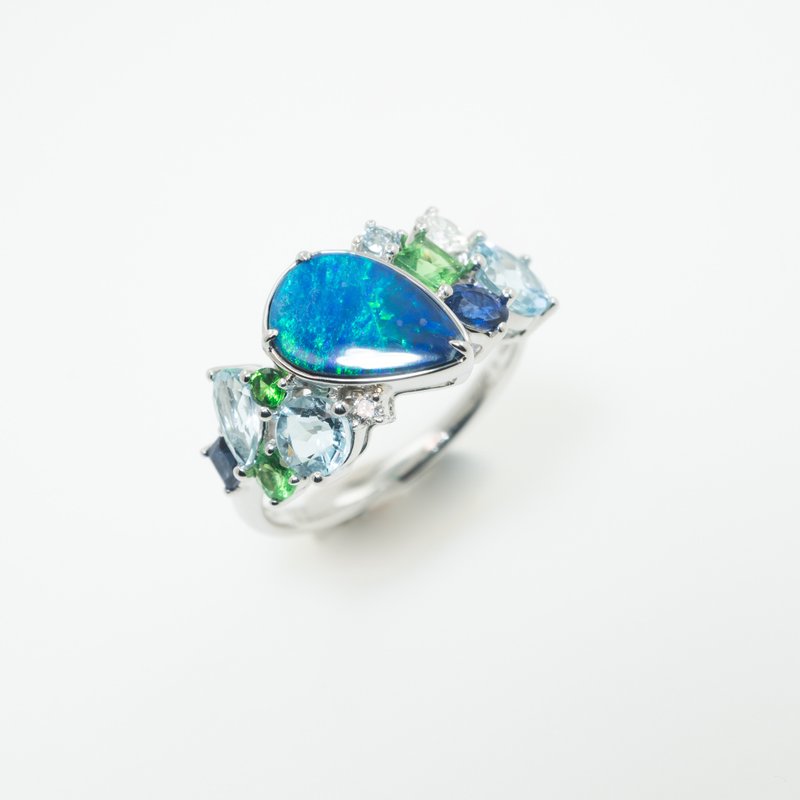 【极地之光】CJ Design 白金镶嵌欧珀祖母绿蓝宝石 彩宝 原创戒指 - 戒指 - 宝石 蓝色