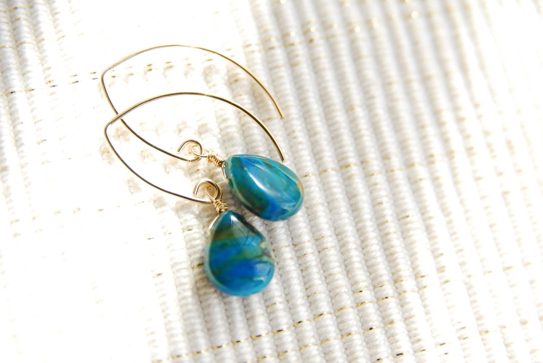Blue Opal Marquis Hook Earrings (14 kgf) - 耳环/耳夹 - 宝石 蓝色