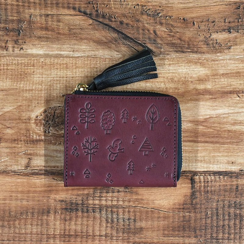 【日本手工制】栃木皮革 短皮夹 压花 流苏吊饰 RFID防磁 酒红色 - 皮夹/钱包 - 真皮 红色