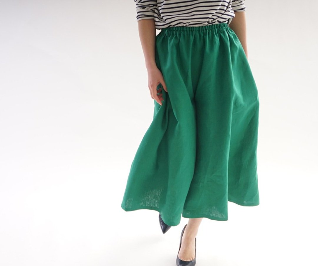 Belgium linen wide Scar Jo pants / fjord Green bo5-45 - 女装长裤 - 棉 绿色