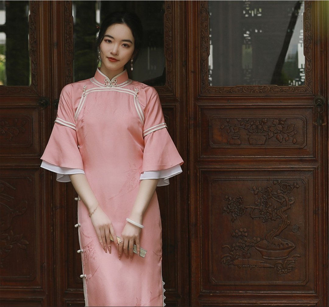 妃蘭 新中式古 少女古法双襟旗袍 - 旗袍 - 丝．绢 粉红色