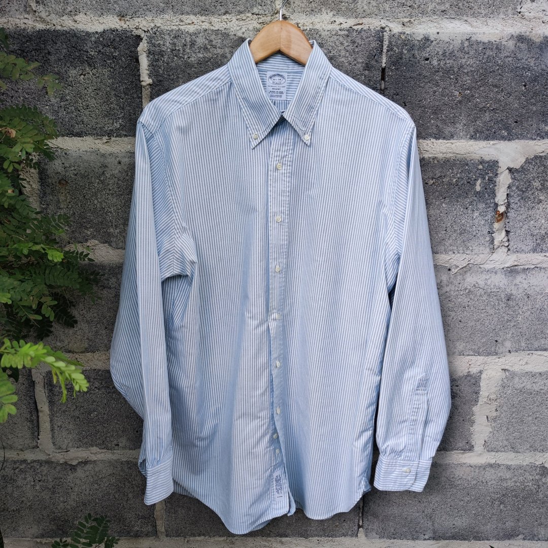 Vintage Brooks Brothers Makers White Blue Striped Button Down Cotton Shir - 男装衬衫 - 棉．麻 白色
