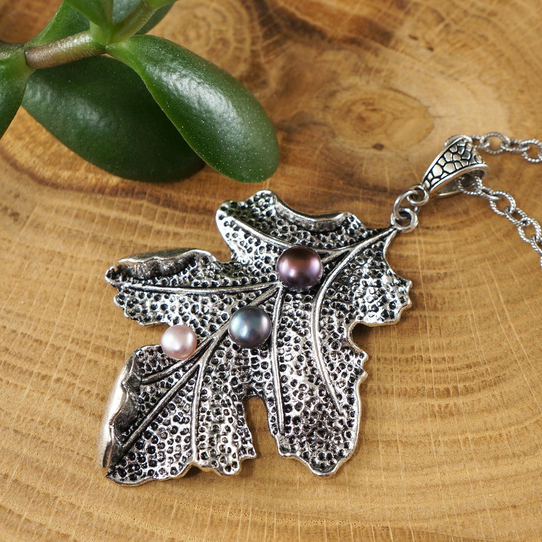 Silver Oak Leaf Necklace Pearl Forest Botanical Large Pendant Necklace Jewelry - 项链 - 其他金属 银色