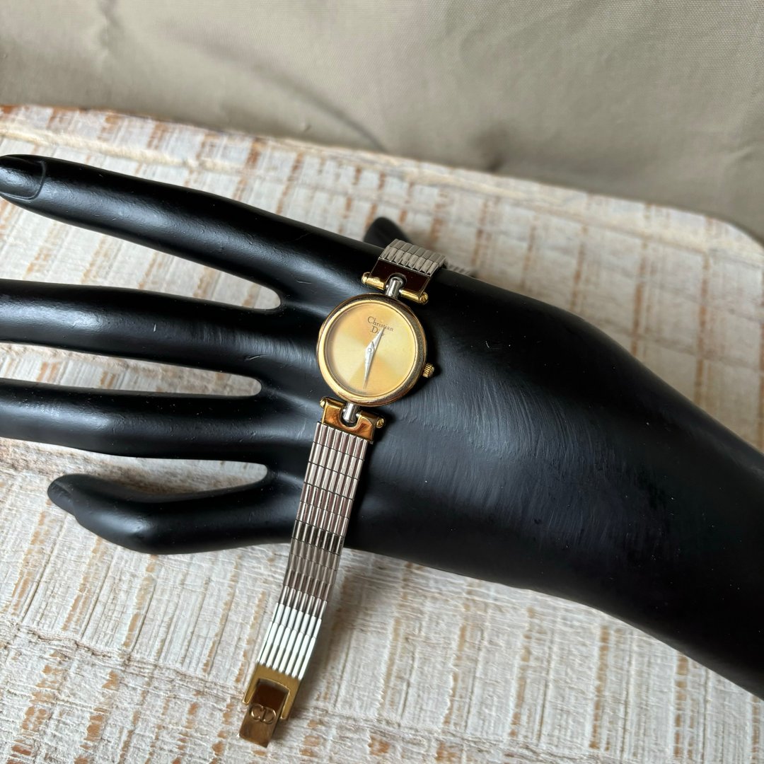 Christian Dior 金色圆形表盘 银色几何表带 古董表 vintage - 女表 - 其他金属 金色