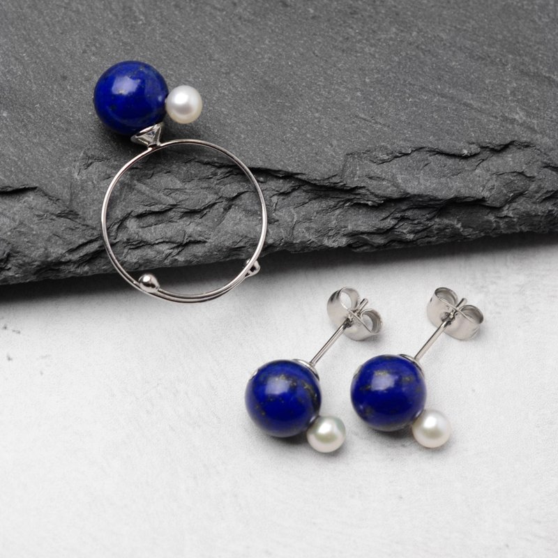 2024 年春季福袋淡水珍珠和青金石耳针和戒指套装均码天然石珍珠生日礼物场合 - 耳环/耳夹 - 珍珠 蓝色