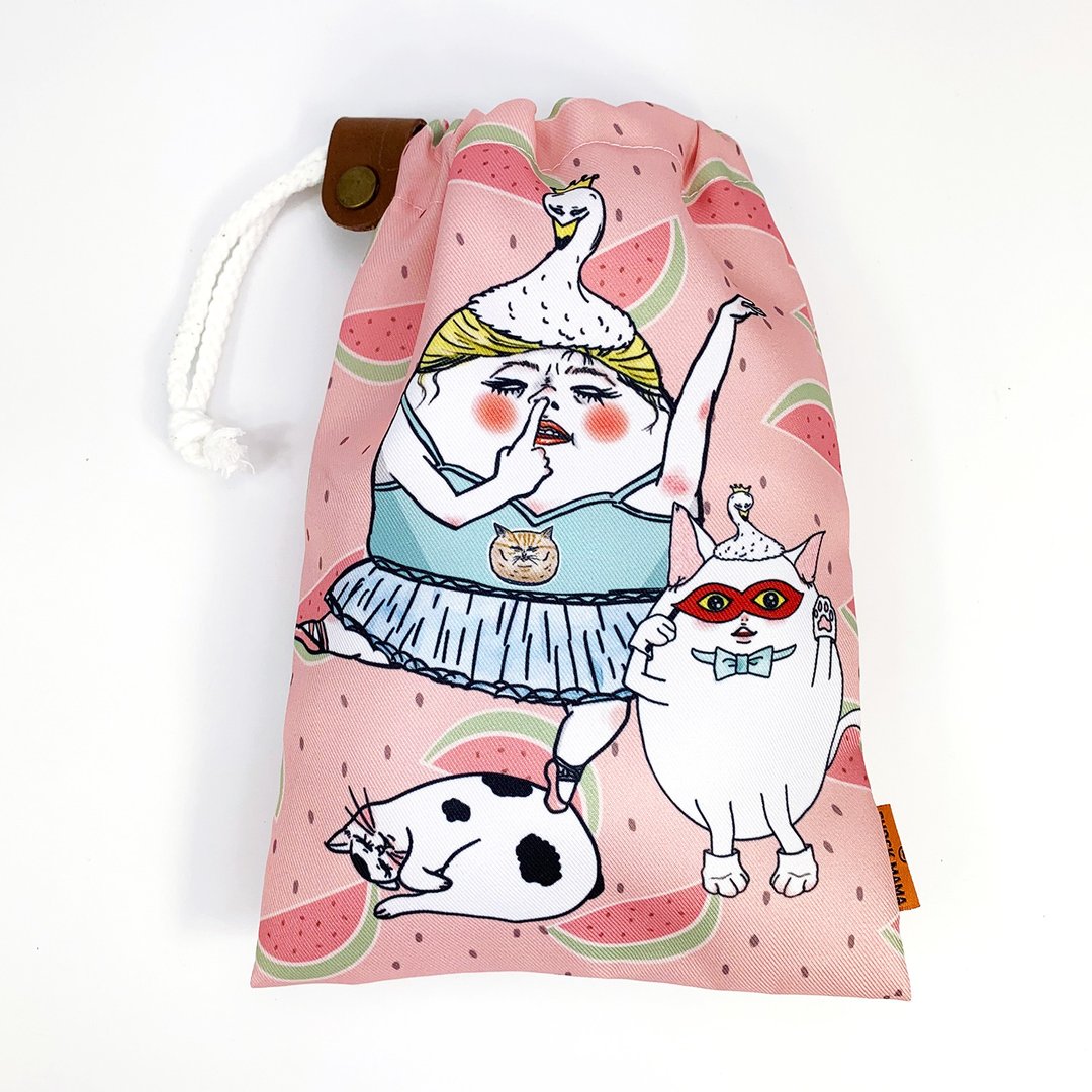 猪鼻女与猫猫 束口袋 - 化妆包/杂物包 - 棉 粉红色