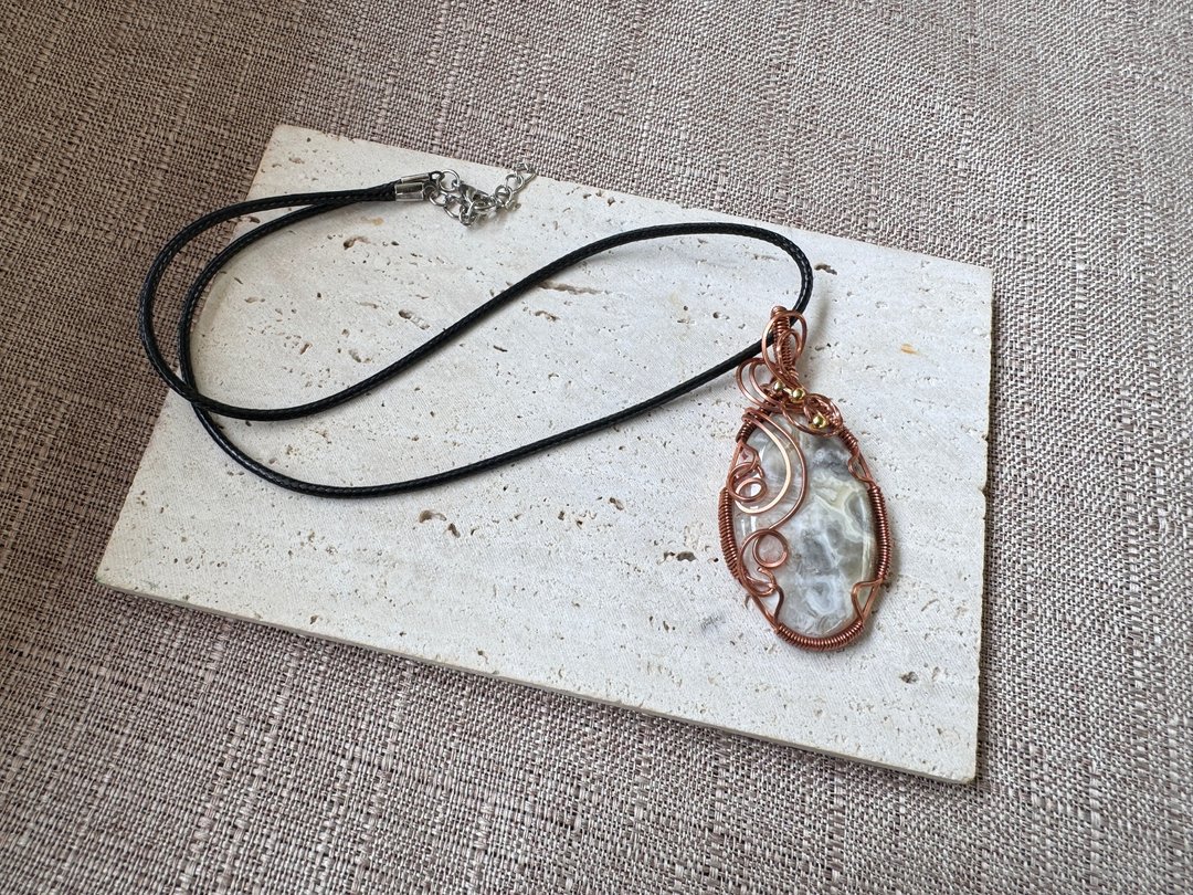 #230647 wire wrapping 疯狂玛瑙 铜线 绕线 吊堕 - 项链 - 铜/黄铜 卡其色