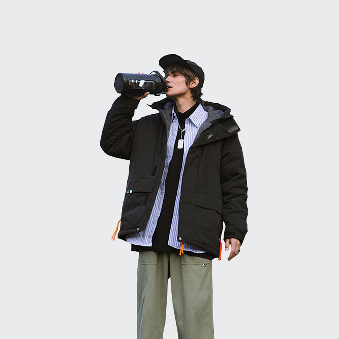秋冬棉服加厚保暖基础色多口袋宽松型连帽外套 - 男装外套 - 其他材质 黑色